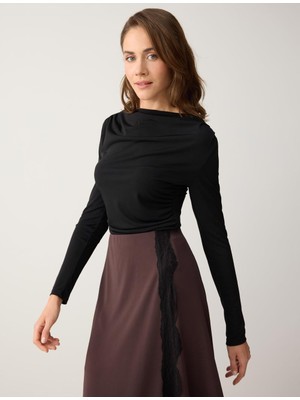 Jimmy Key Siyah Degaje Yaka Uzun Kollu Dar Kesim Örme Bluz