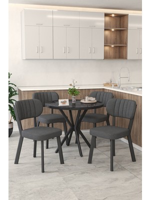 Mygusi Gnr 90CM Sabit Siyah Mutfak Masası Takımı, Yemek Masası, 4 Modern Antrasit Sandalye