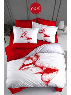 Monohome Sevgililer Günü Lastikli Çarşaflı %100 Pamuk Saten Çift Kişilik Nevresim Takımı Love Kiss