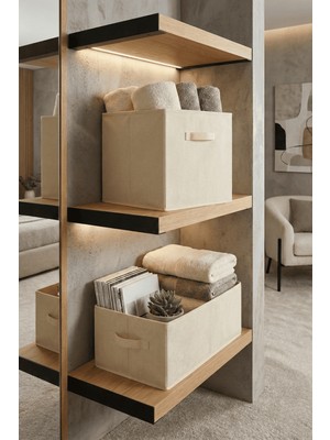 1 Adet Krem Kapaksız Kutu ve 1 Adet Krem Dikdörtgen Dolap Içi Düzenleyici Minimalist Organizer Set