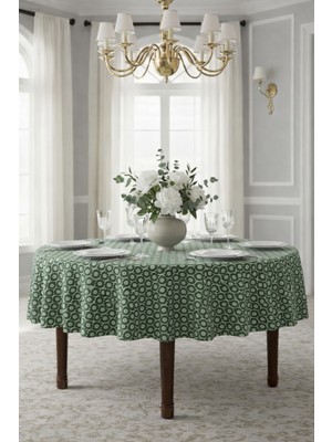 Rona Home Yeşil Çiçekli Yuvarlak Masa Örtüsü - 1. Sınıf Kaliteli Kumaş Dijital Baskılı Leke Tutmaz Masa Örtüsü