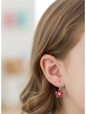 925 Ayar Gümüş Zirkon Taşlı Kırmızı Papatya Model Çengelli Çocuk Küpe Yılbaşı Yeni Yıl Hediye