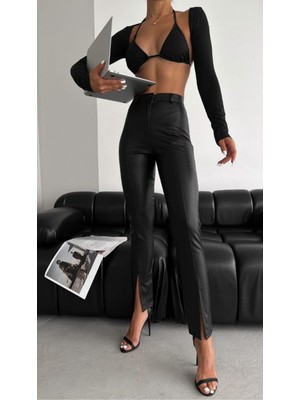 Boom Bester Kadın Şardonlu Deri Pantolon Dar Paça Yırtmaçlı