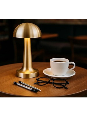 Mantar Masa Lambası Gold Renk Kablosuz Ledli 3renk Dokunmatik Şarjlı