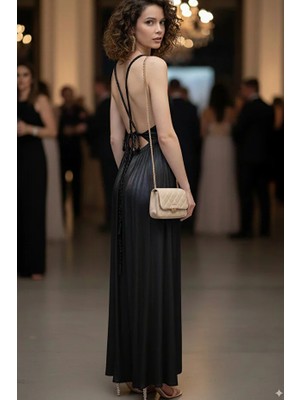 Fashion Cocktail Helen Örgü Sırt Bağlamalı Mat Yumuşacık Saten Yırtmaçlı Bohem Yazlık Uzun Helenistik Gece Elbise