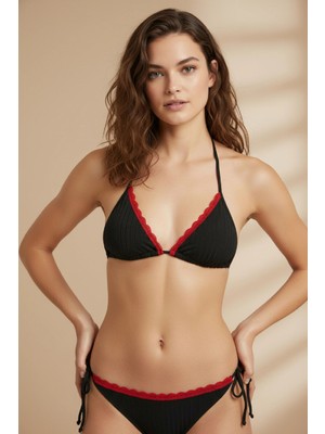 MTM My The Mall Giyim Kırmızı Dantel Detaylı Siyah Bikini Takımı – Ayarlanabilir Ipli, Içten Şardonlu, Kadın Mayo