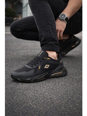 ModaOnn Erkek Siyah Air Taban Spor Ayakkabı Gold-Gümüş Detaylı Sneaker