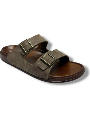 Witta 54201-26 Deri Çift Bant Büyük Numara Anatomik Erkek Terlik 45-47