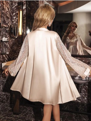 MTM My The Mall Giyim Özel Tasarım Şık Dantel Işlemeli Sabahlıklı 2'li Pudra Saten Gecelik Takımı