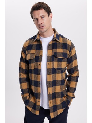 Tudors Erkek Slim Fit Uzun Kollu Kapaklı Kareli Kışlık Gömlek Günlük Stil L Beden