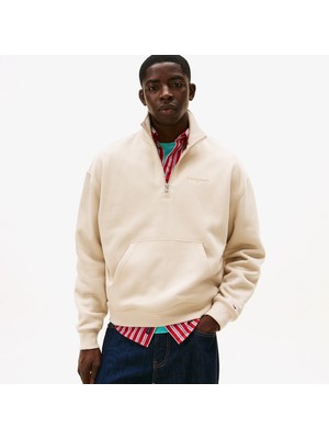 Tommy Hilfiger Jeans 90S Script Rib Fleece 1/4 Zipped Erkek Bej Sweatshirt.aby