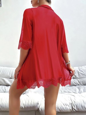 MTM My The Mall Giyim Özel Tasarım Dantel Işlemeli Göğüs Dekolteli Sabahlıklı Kırmızı 2'li Tül Gecelik Takımı