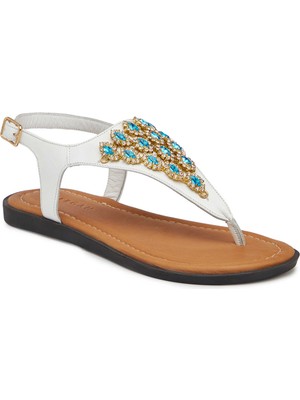 Tergan Beyaz-Deri  Mavi Taş Deri Kadın Sandalet - K25Y1SN68218-U9Q