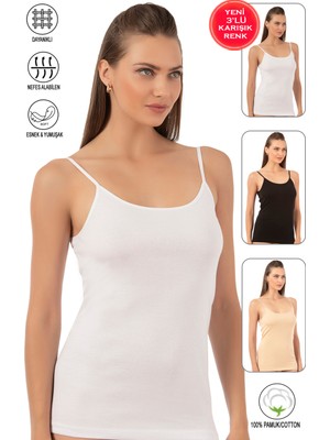 Özkan Underwear Özkan 0107 3'lü Paket Kadın %100 Pamuklu Ribana Karışık Renk Esnek Rahat Ip Askılı Örme Atlet