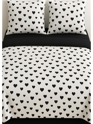 More Home Tek  Kişilik Yorgan Kılıfı + Yastık Kılıfı   (Çarşafsız) Kalpli-Siyah