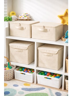 Luxway Home 2 Adet Kapaklı Kutu Krem ve 2 Adet Destekli Hurç Krem Seti Şık Tasarımlı Yüklük ve Baza Içi Organizer