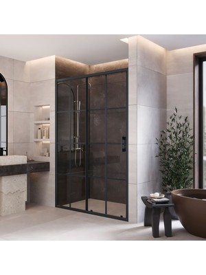 Monaqua Arteko Duşakabin Ön Cephe, 1 Sabit 1 Kayar - Antrasit Profil - Karolaj Antrasit Çizgili 5mm Cam