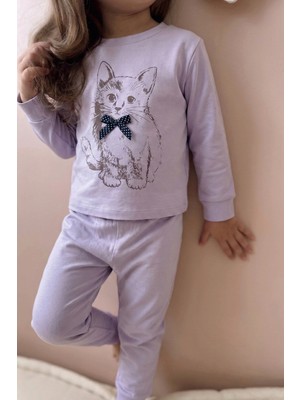 Cigit Kedi Baskılı Pijama Takım 2-8 Yaş Lila