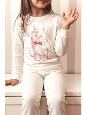 Cigit Kedi Baskılı Pijama Takım 2-8 Yaş Ekru