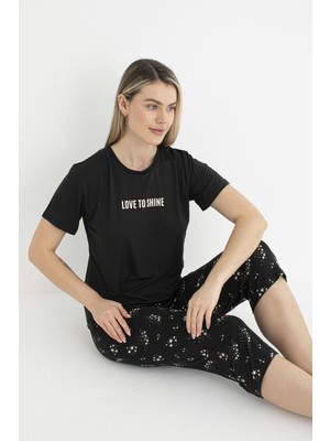Estiva Kadın Yazlık Yıldız Desenli Kısa Kollu Kaprili Soft Pijama Takımı - Siyah