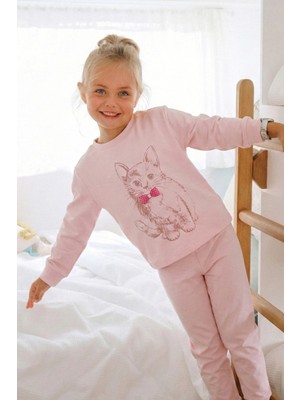 Cigit Kedi Baskılı Pijama Takım 2-8 Yaş Pudra Pembe