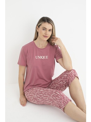Estiva Kadın Yazlık Desenli Kısa Kollu Kaprili Soft Pijama Takımı - Pembe