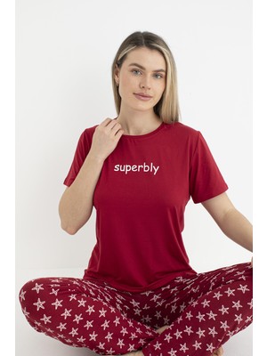 Estiva Kadın Yazlık Superbly Yazılı Kısa Kollu Soft Pijama Takımı - Kırmızı