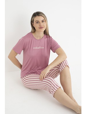 Estiva Kadın Yazlık Çizgili Kısa Kollu Kaprili Soft Pijama Takımı - Pembe