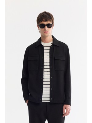 AVVA Erkek Siyah Klasik Yaka Diyagonel Çift Cep Kapaklı Örme Gömlek Ceket A61Y2048