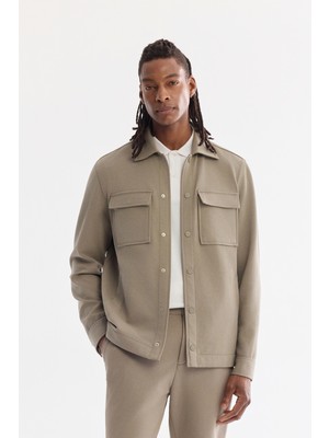 AVVA Erkek Yağ Yeşili Klasik Yaka Diyagonel Çift Cep Kapaklı Örme Gömlek Ceket A61Y2048