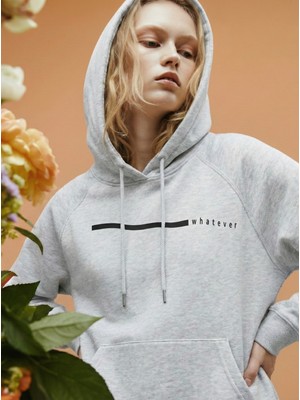 Whatever Baskılı Unisex Standart Fit Kapüşonlu Şardonlu Pamuklu Sweatshirt