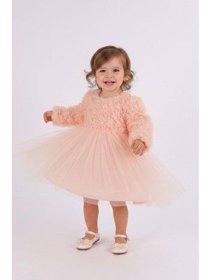 Kidello Rosalia Pudra 3 Boyutlu Güllü Kız Bebek Doğum Günü Parti Elbisesi Uzun Kol Aylık