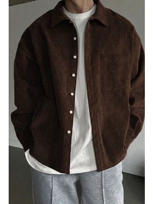 Genius Store Erkek Gömlek Fitilli Kadife Oversize Gömlek Yaka Cepli Uzun Kollu Ceket Gömlek