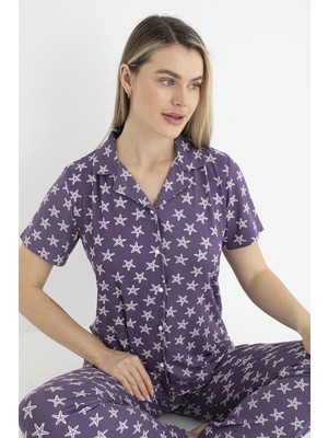 Estiva Kadın Yazlık Yıldız Desenli Önden Düğmeli Kısa Kollu Soft Pijama Takımı - Lila