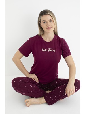 Estiva Kadın Yazlık Love Story Yazılı Kısa Kollu Soft Pijama Takımı - Bordo