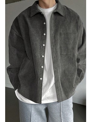Genius Store Erkek Gömlek Fitilli Kadife Oversize Gömlek Yaka Cepli Uzun Kollu Ceket Gömlek