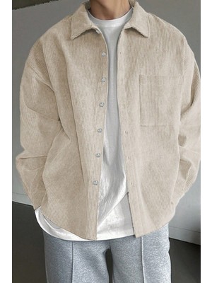 Genius Store Erkek Gömlek Fitilli Kadife Oversize Gömlek Yaka Cepli Uzun Kollu Ceket Gömlek