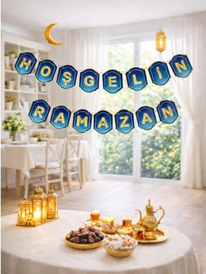 Parti Adresi Hoşgeldin Ramazan Duvar Yazısı Banner Süs Altın Varaklı Lacivert