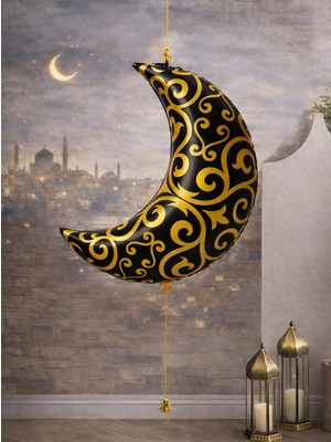 Parti Adresi Ramazan Temalı Siyah Gold Desenli Hilal Folyo Balon 75 cm