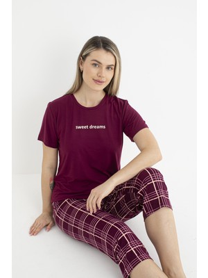 Estiva Kadın Yazlık Kereli Kısa Kollu Kaprili Soft Pijama Takımı - Bordo