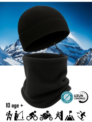 Wear Tight Siyah Lastik Ipli Polar Boyunluk ve Bere, Tüylenme Yapmaz, Soğuğa Dayanıklı Rüzgar Önleyici