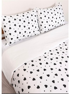 More Home Tek  Kişilik Yorgan Kılıfı + Yastık Kılıfı  (Çarşafsız)  Kalpli-Beyaz