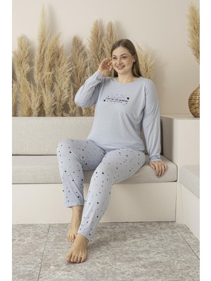 Estiva Kadın Yazlık Kalp Desenli Uzun Kollu Viskon Battal Pijama Takımı