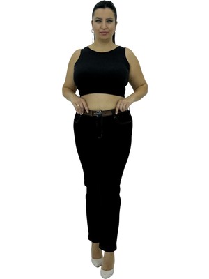 Carmito Büyük Beden Kadın Yüksek Bel Denim Kemerli Boru Paça Pantolon