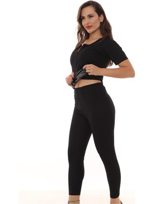 Kadın Sauna Suit Siyah Termal Korse ve Tayt Fermuarlı Takım