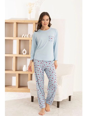 Pijamoni Kadın Milan Kumaş Bisiklet Yaka Mavi Pijama Takımı