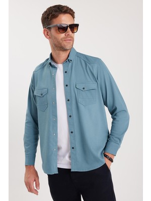Tudors Erkek Regular Fit Rahat Kesim Çift Cepli Spor Yaka Denim Petrol Gömlek