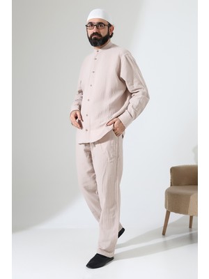 İhvan Online Erkek Müslin Hakim Yaka Gömlek Pantolon Ikili Takım, Modern Hac Umre Kıyafeti - Krem (Vşn)