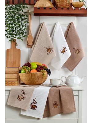 İhvan Online 6lı Kahve Nakışlı Mutfak Kurulama Bezi - Çeyizlik Mutfak Havlu Seti - 40X60 cm - (Rbk)