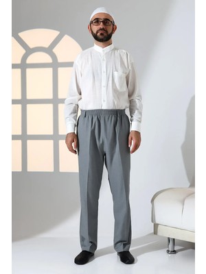 İhvan Online Erkek Rahat Kesim Beli Lastikli Cepli Hac ve Umre Kumaş Şalvar Pantolon - Gri (Isr)